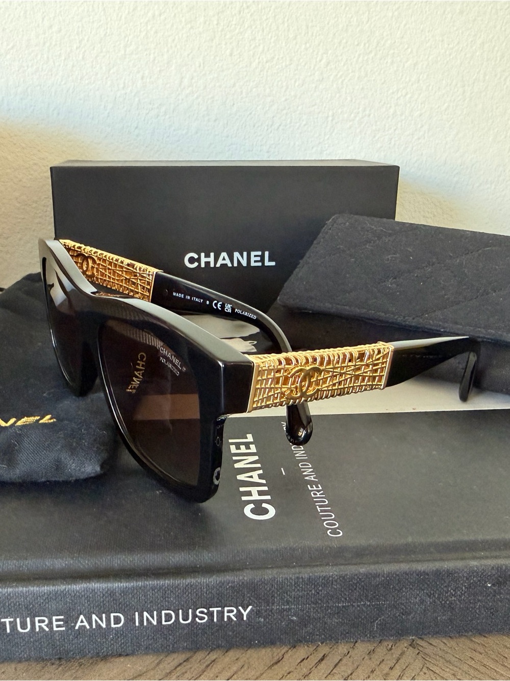 CHANEL Black Sunglasses with Gold Woven Temples